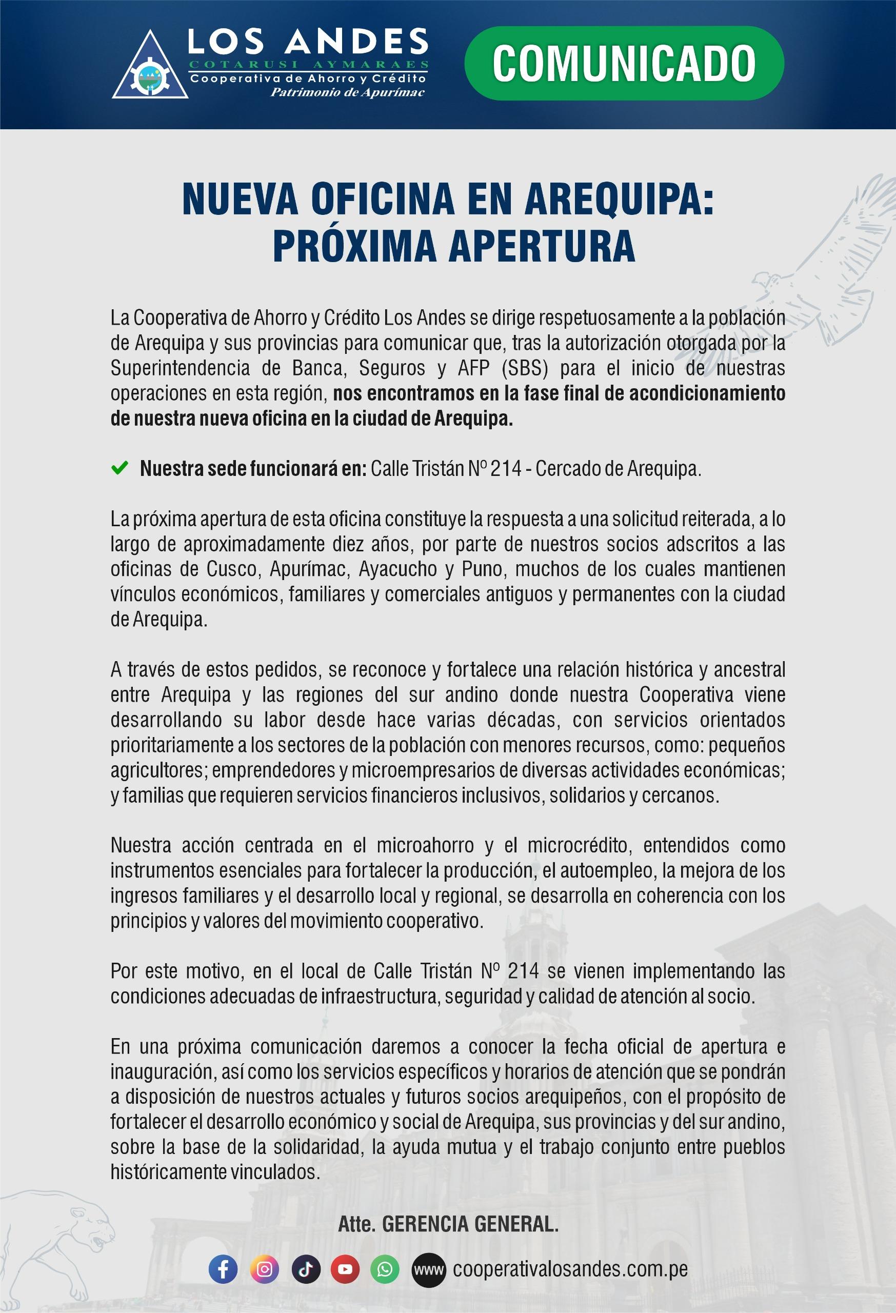 NUEVA OFICINA LOS ANDES EN AREQUIPA: PRÓXIMA APERTURA