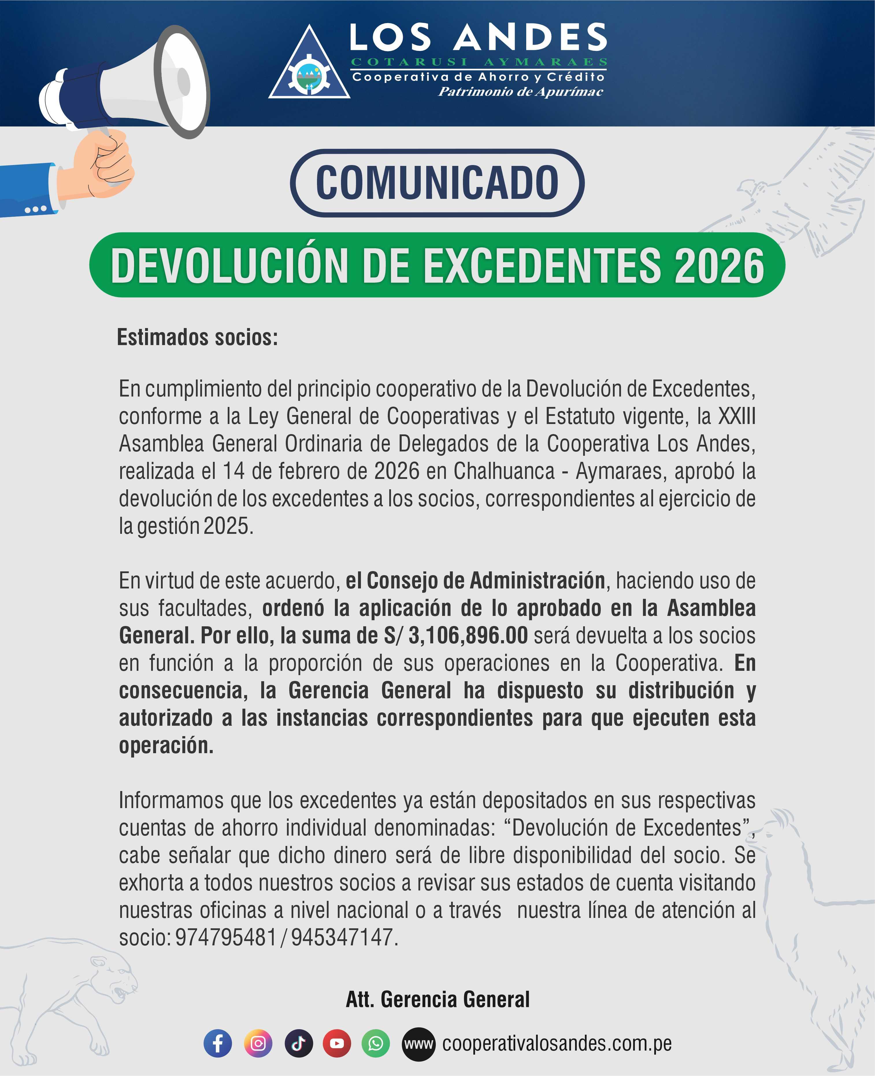 Comunicado Devolución de Excedentes 2026